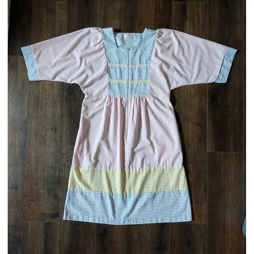 Vandemere Vtg 80s Seersucker Colorblock Pastel House Dress M Grannycore Kaftan